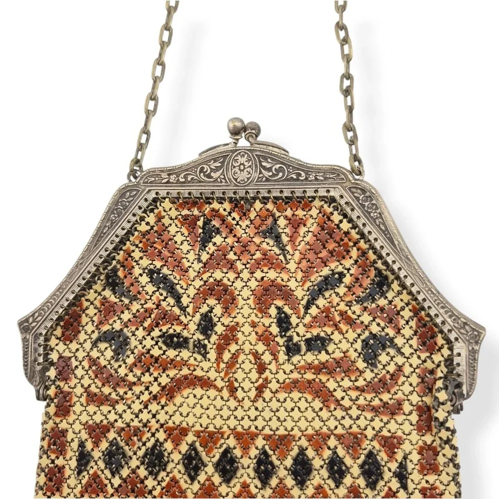 Antique Mandalian Art Deco Enamel Mesh Flapper Purse Red Black Yellow Beige 20s